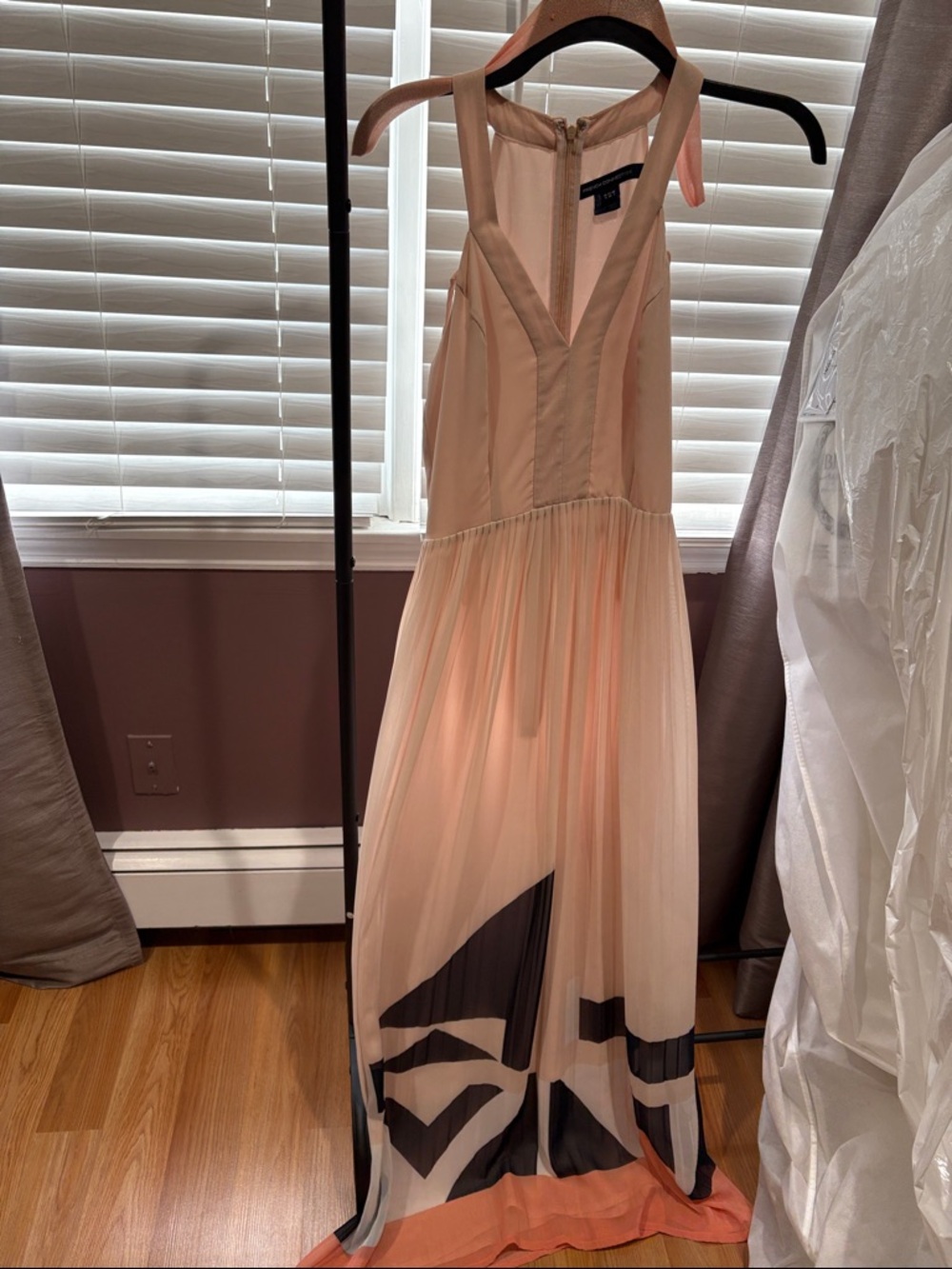 French Connection Blush Pink & Black Pleated Maxi Dress